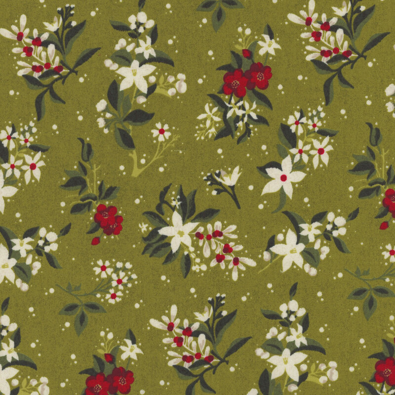 gorgeous leaf green fabric with scattered red and white flowers, green leaves, and tossed white dots