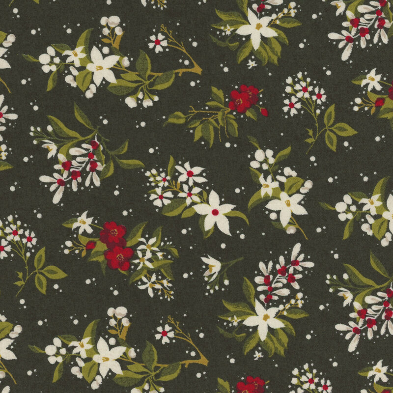 gorgeous dark forest green fabric with scattered red and white flowers, green leaves, and tossed white dots