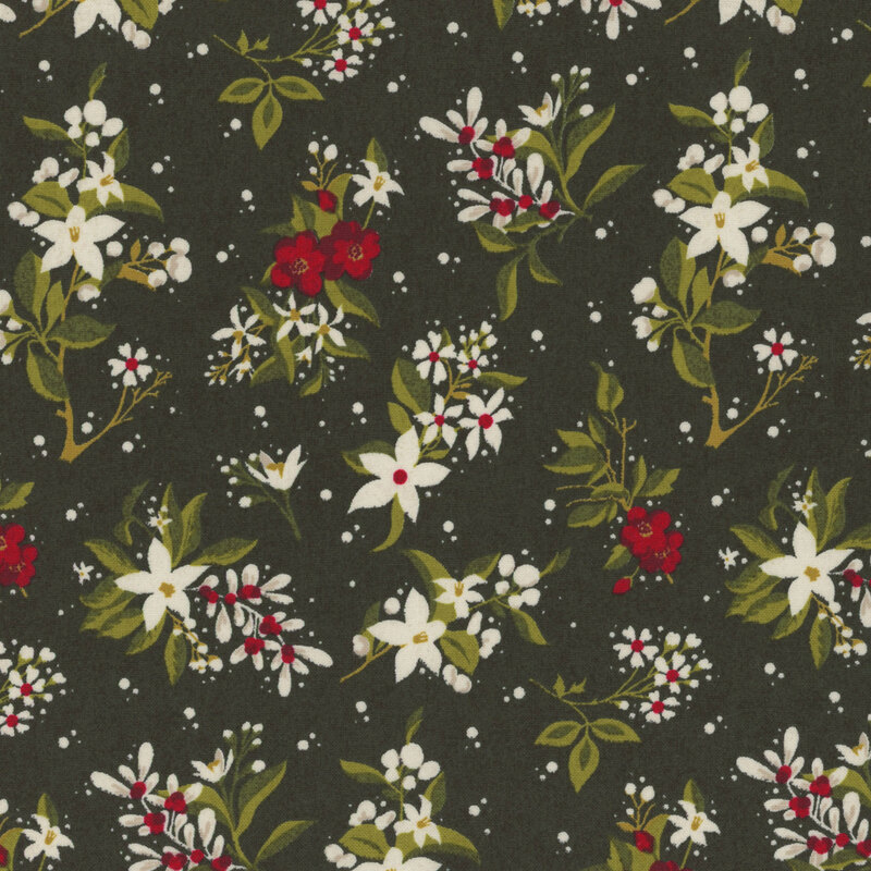 gorgeous dark forest green fabric with scattered red and white flowers, green leaves, and tossed white dots