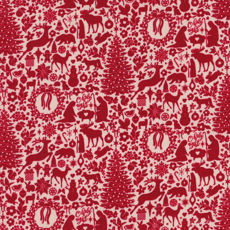 lovely white fabric with a fully packed together design of various red Christmas motifs