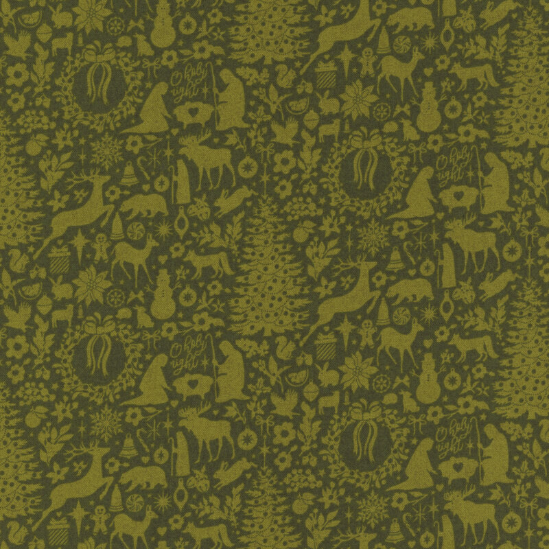 lovely dark green fabric with a fully packed together design of various leaf green Christmas motifs
