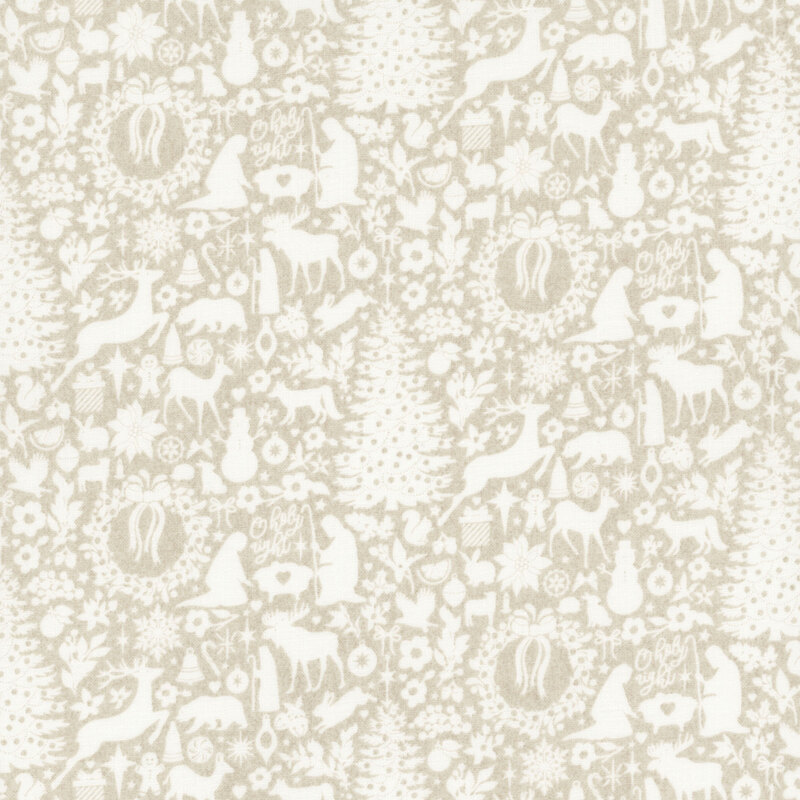 lovely warm taupe fabric with a fully packed together design of various white Christmas motifs