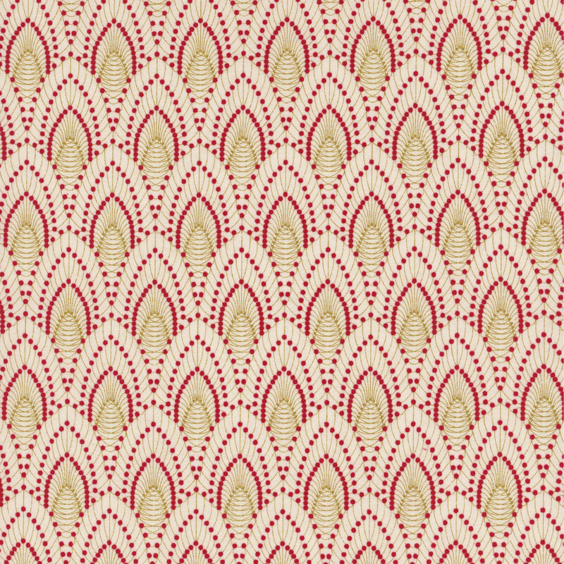 beautiful light cream fabric with an intricate scalloped design in gold with red spots at each of the intersecting gold lines