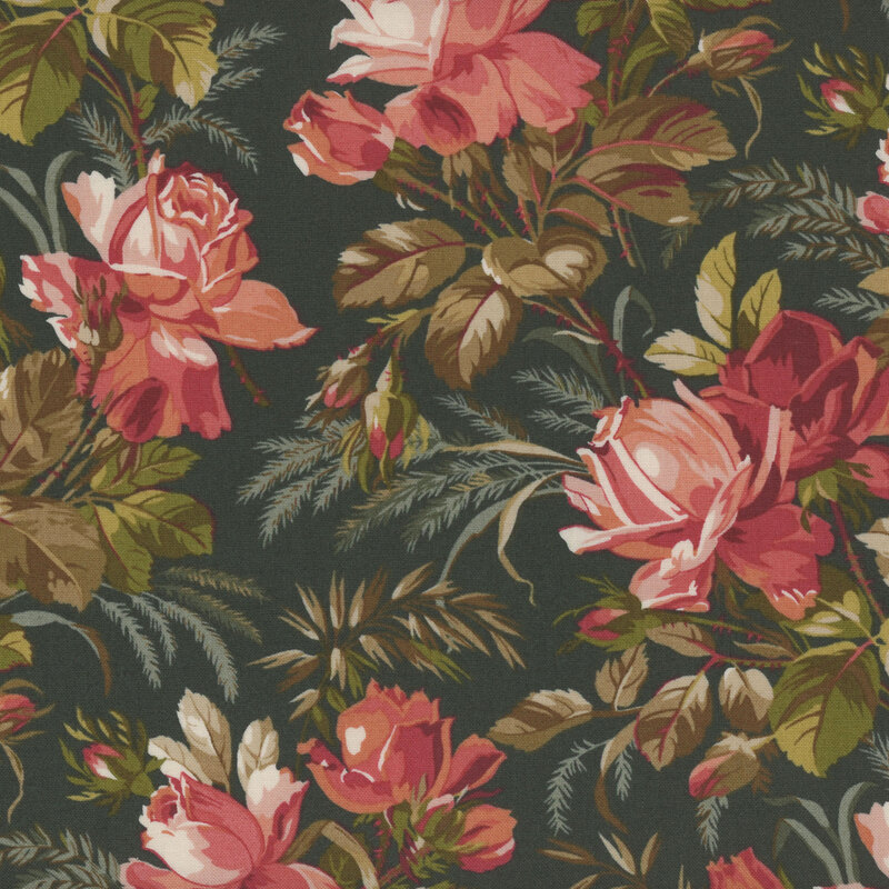 Deep green fabric with pink roses and green foliage and tonal details in the background