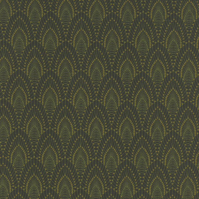 beautiful forest green fabric with an intricate scalloped design in gold with golden spots at each of the intersecting gold lines