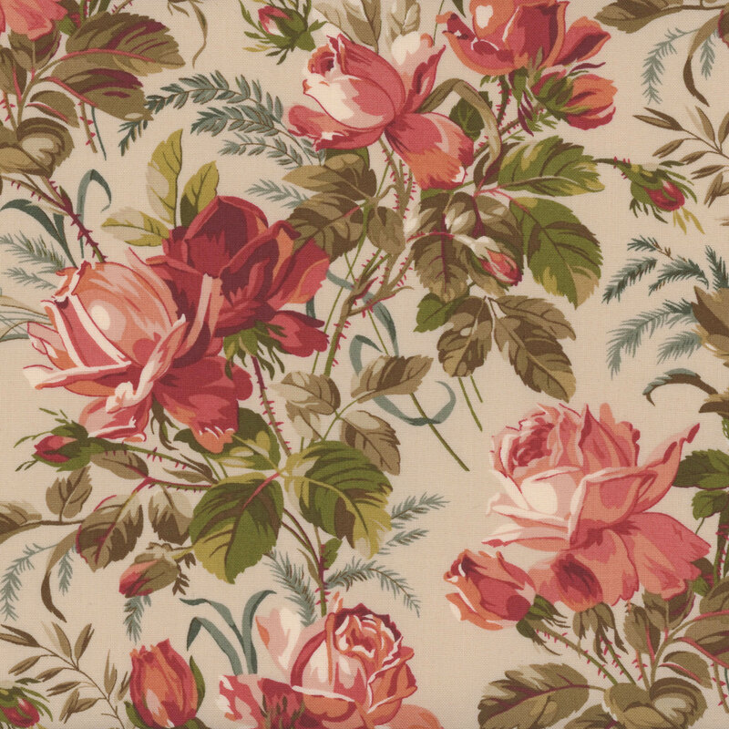Cream fabric with pink roses and green foliage and teal details in the background