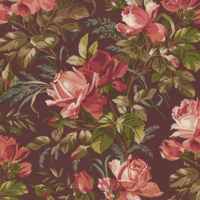 Burgundy fabric with pink roses and green foliage and teal details in the background
