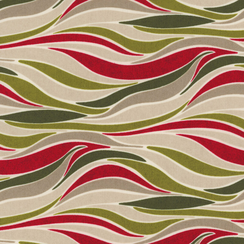 lovely warm taupe fabric with a modern swirl pattern in red, leaf green, forest green, and a darker taupe