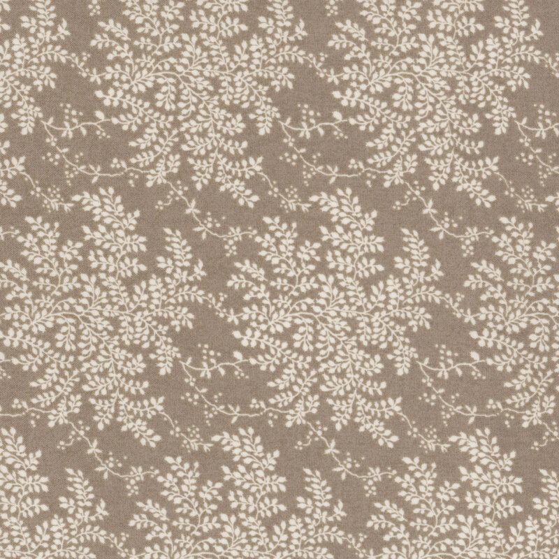lovely warm taupe fabric with scattered white leaves and vines
