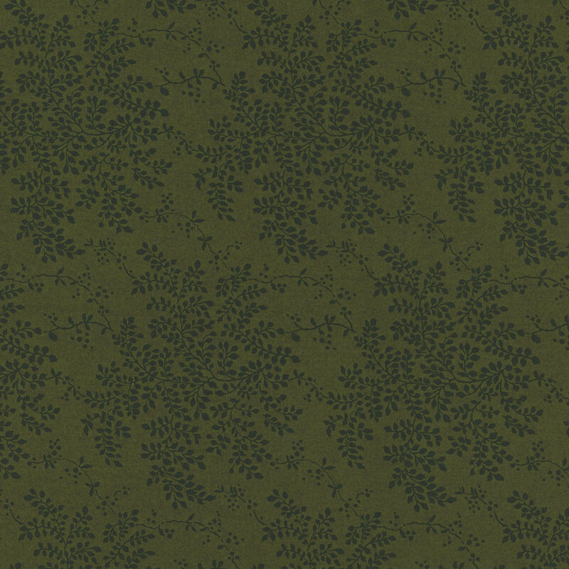 lovely green fabric with scattered dark green leaves and vines