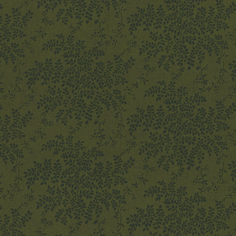 lovely green fabric with scattered dark green leaves and vines