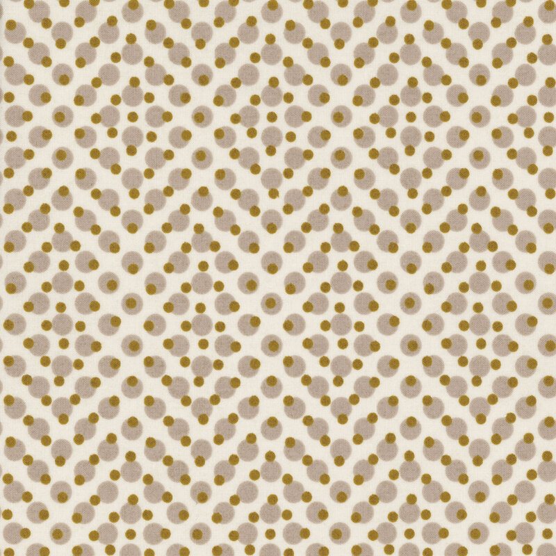 gorgeous white fabric in large taupe polka dots and smaller golden polka dots