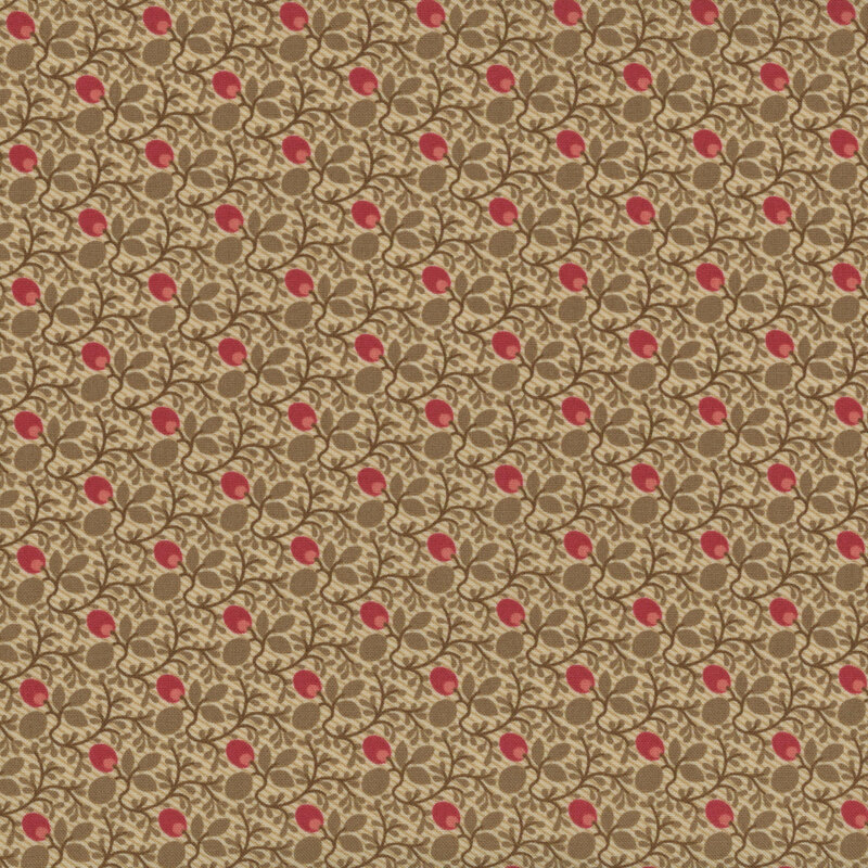 Cream fabric covered with green leafy vines bearing red fruit