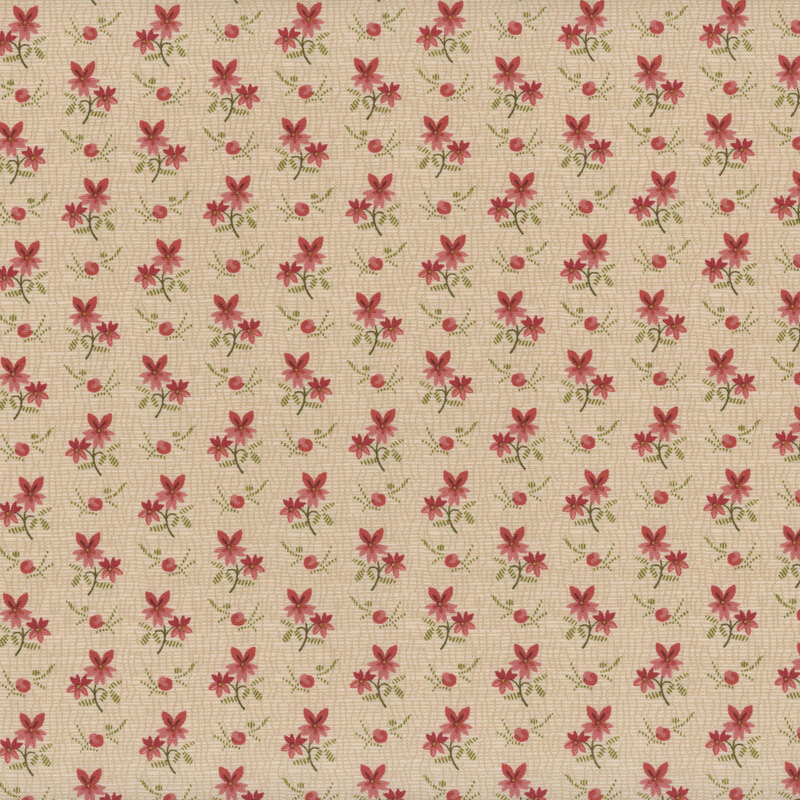 Cream textured fabric with red pairs of flowers alternating with closed buds on green stems