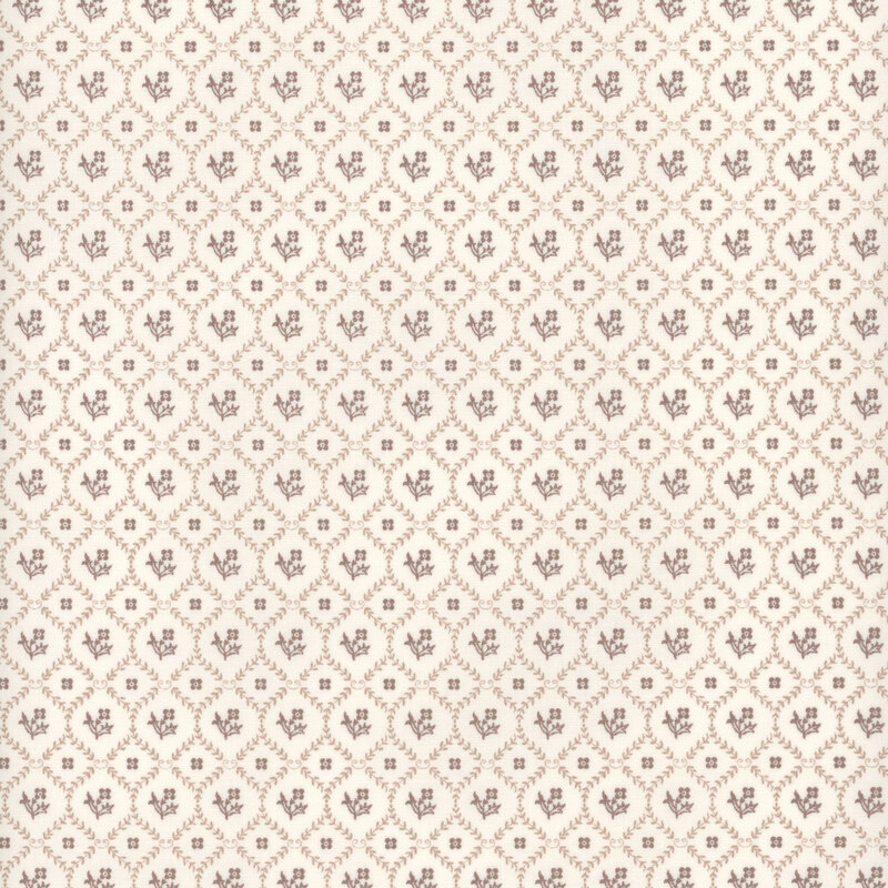taupe lattice grid made of leaves with florals and square motifs inside each square on a cream fabric
