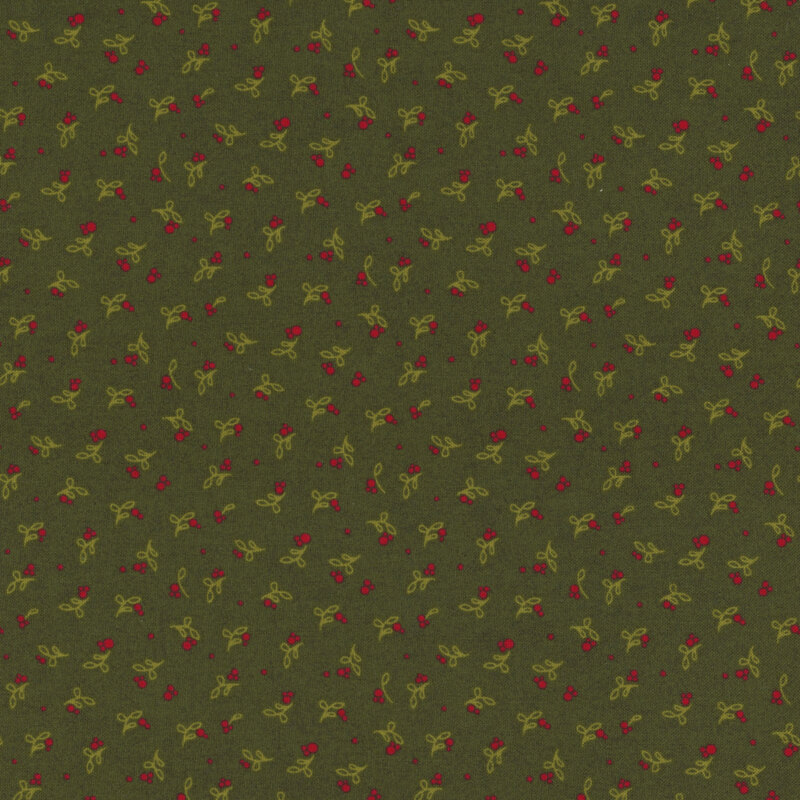 lovely forest green fabric with a ditsy pattern of vivid red dots and green leaves
