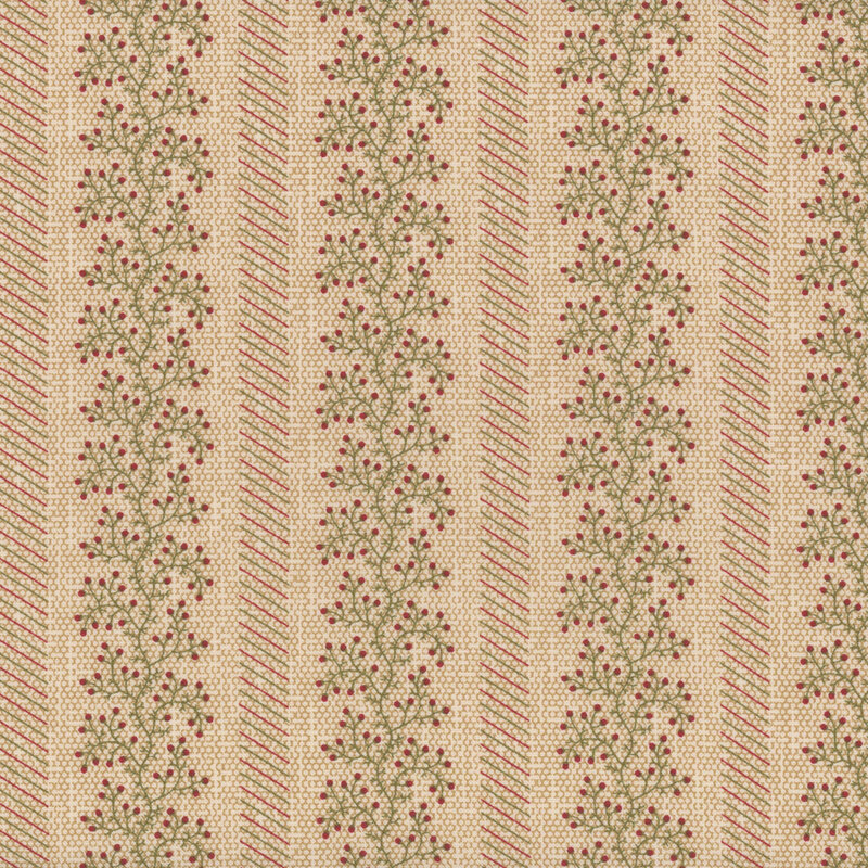 Cream textured fabric with rows of diagonal red and green lines and vines with red berries arranged in rows
