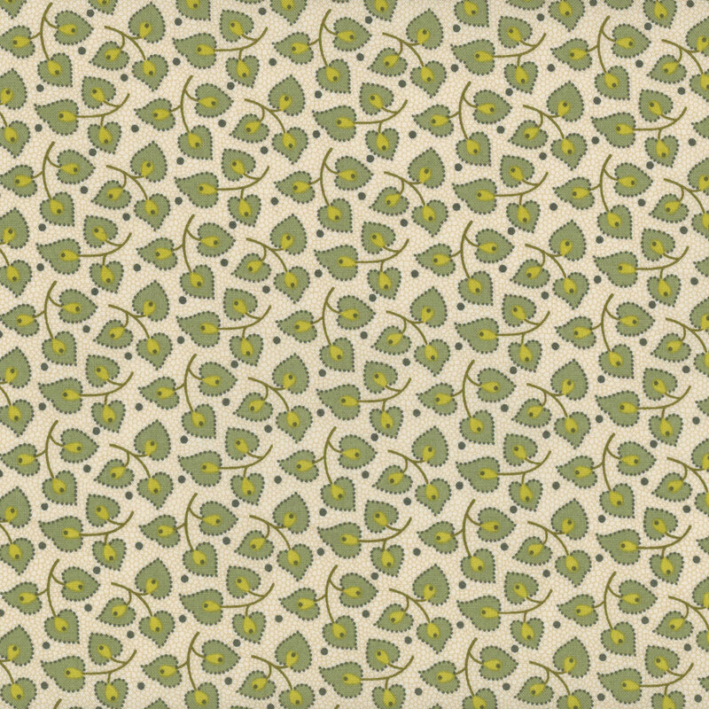 Cream fabric with bunches of 3 green leaves with green stems tossed all over