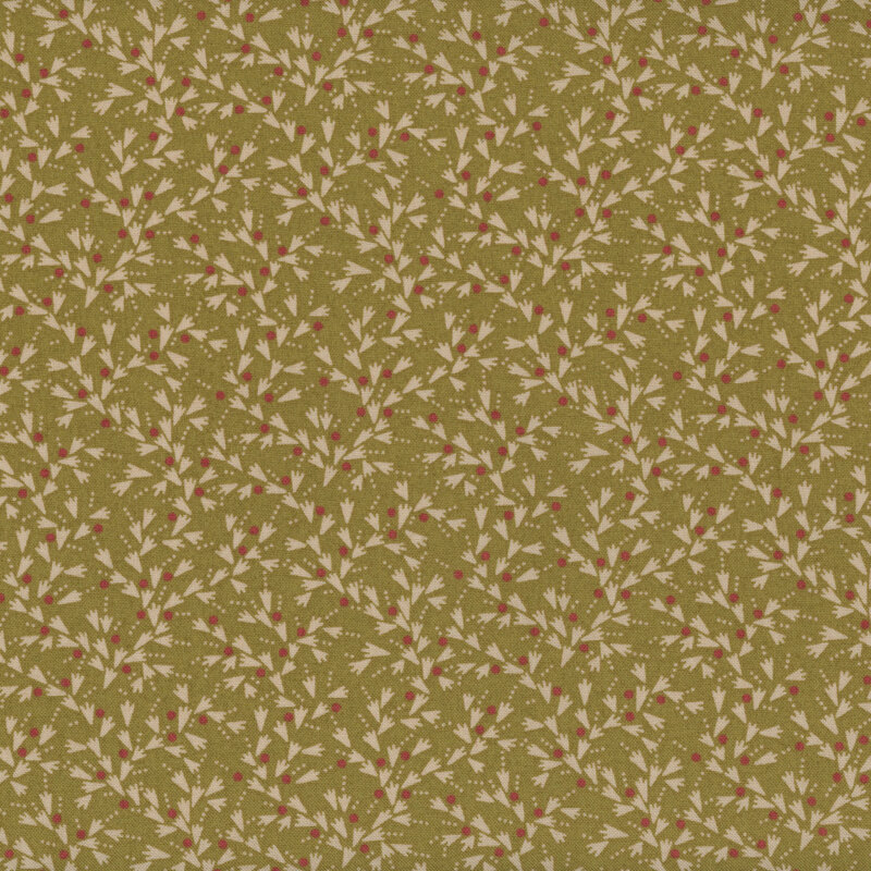 Green fabric with tiny cream wedge shapes with red dot accents