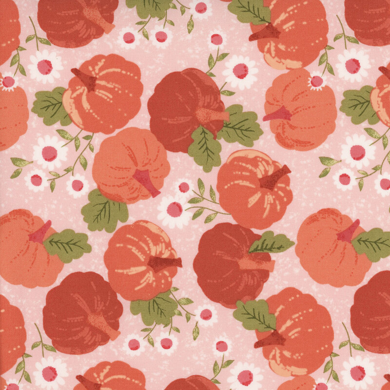 wonderful pink fabric with scattered orange and burnt orange pumpkins and white flowers