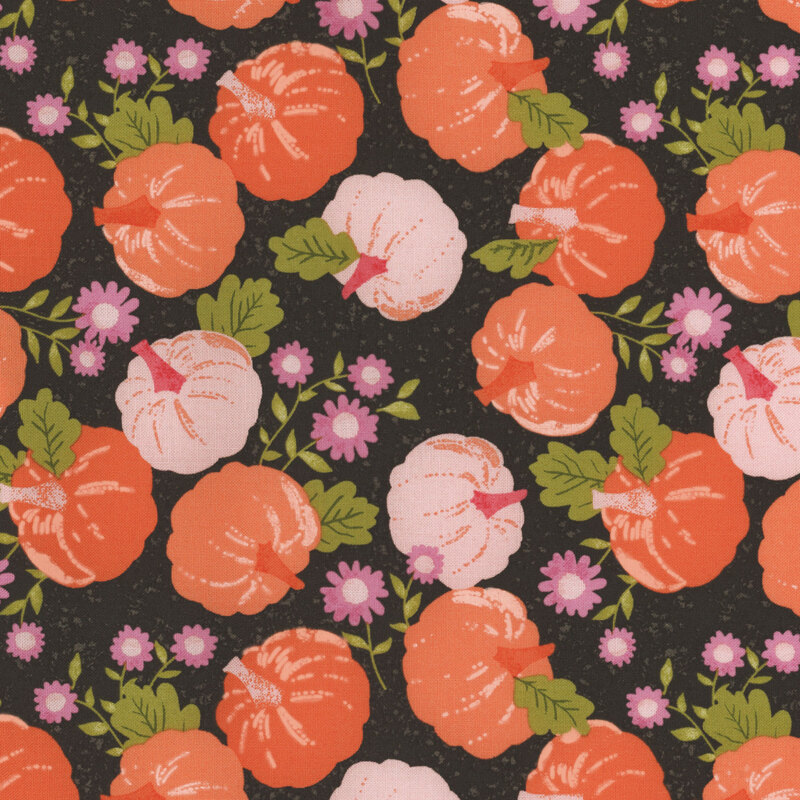 wonderful black fabric with scattered pink and orange pumpkins and purple flowers