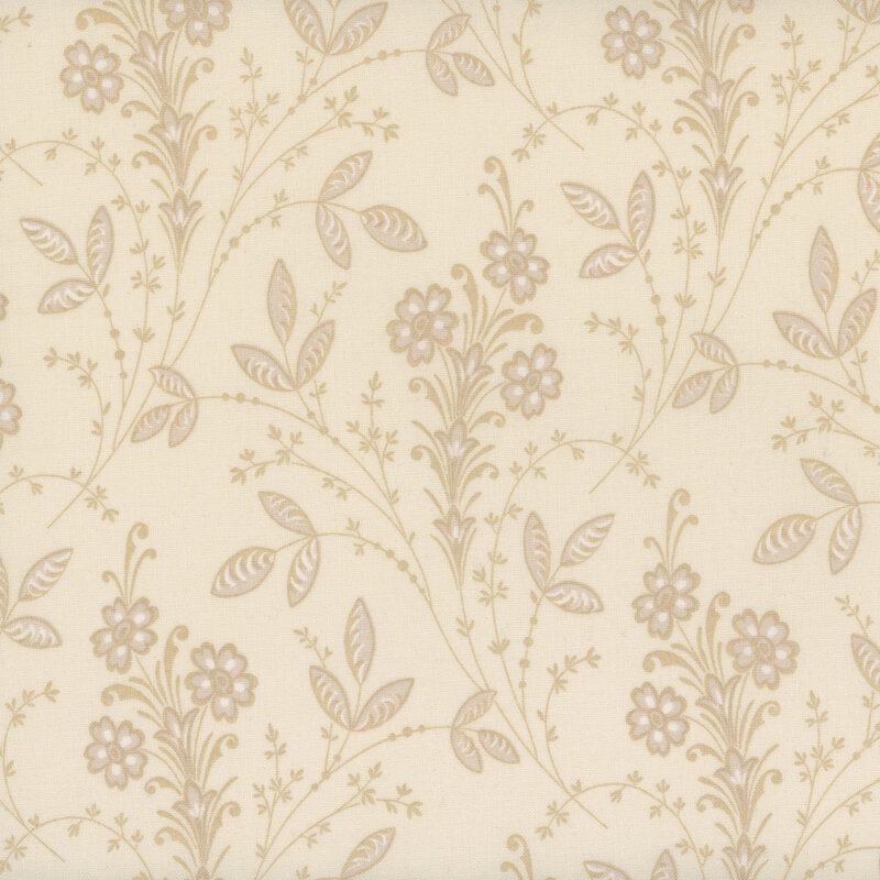 Cream fabric with large tonal line drawings of flowers and leaves on long stalks