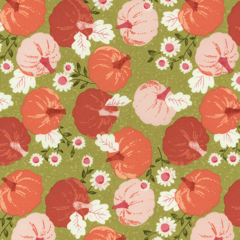 wonderful swamp green fabric with scattered burnt orange, pink, and orange pumpkins and white flowers