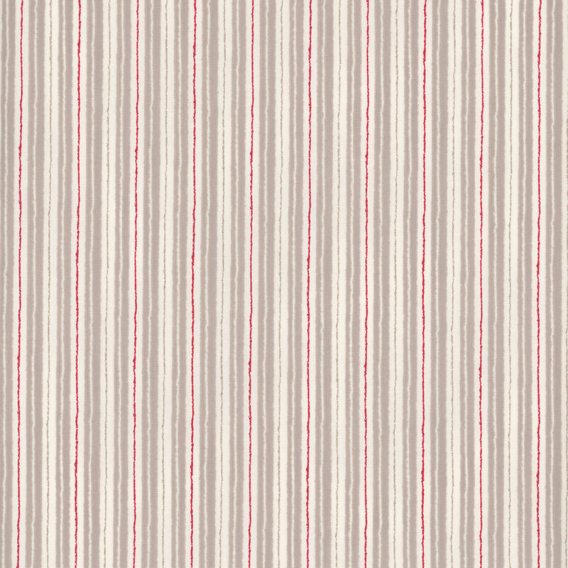 fabric with unsteady stone gray and cream double stripes with a thin red stripe accent, appearing almost hand drawn