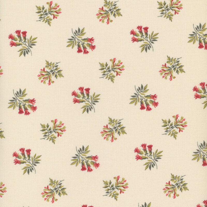 Cream fabric with small bunches of orange, red, and green flowers tossed all over