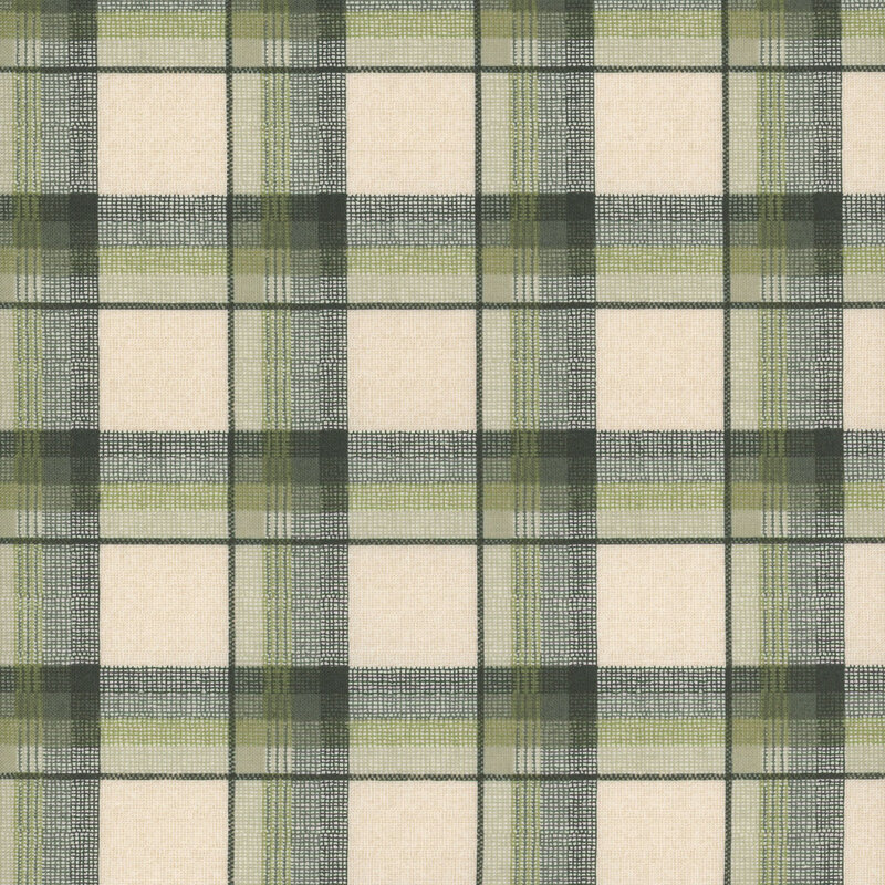 Cream and green plaid fabric in a gradient of shades