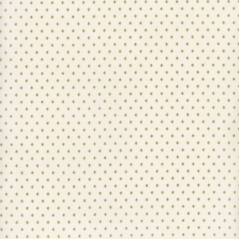 White fabric featuring evenly spaced, tiny, green, 6-pointed stars