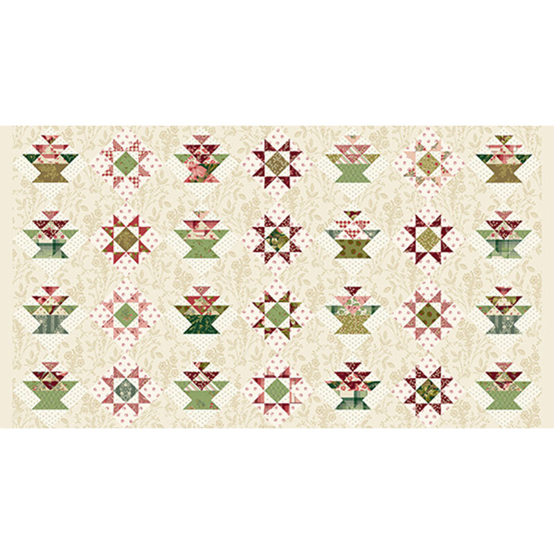 Cream mottled fabric with a variety of traditional quilt block patterns in rows