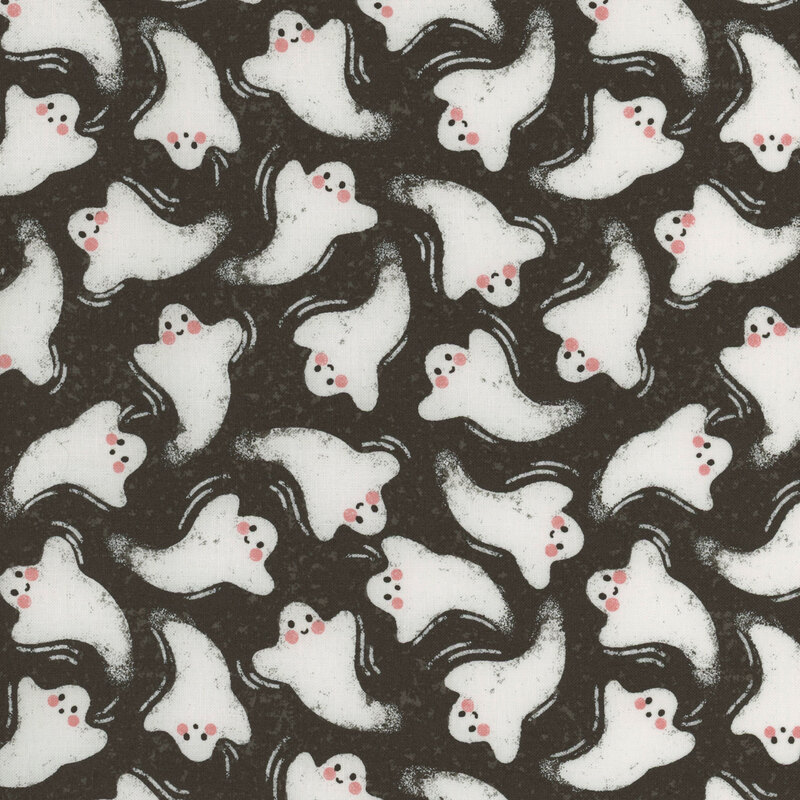 adorable black textured fabric with scattered blushing ghosts