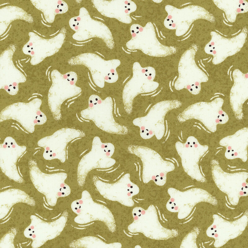 adorable olive green textured fabric with scattered blushing ghosts