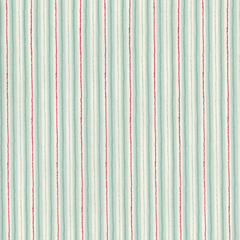 fabric with unsteady aqua and cream double stripes with a thin red stripe accent, appearing almost hand drawn