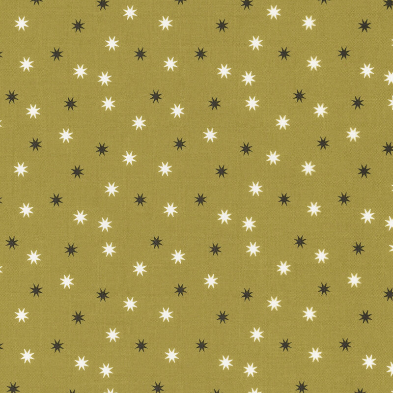 adorable swamp green fabric with scattered black and white stars