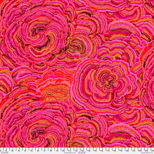  Bright fabric with vibrant pink, red, and yellow striated turkey tail mushrooms