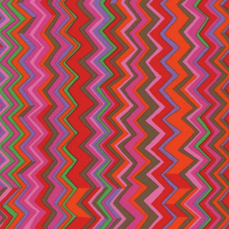 Fabric featuring hand drawn zig zag stripes in shades of pink, green, blue, purple, red, and orange