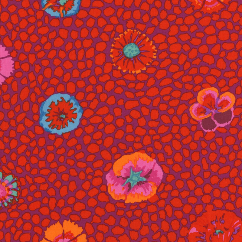 Fabric featuring vibrant red dot texturing and bright red, pink, orange, and blue blossoms over a maroon background