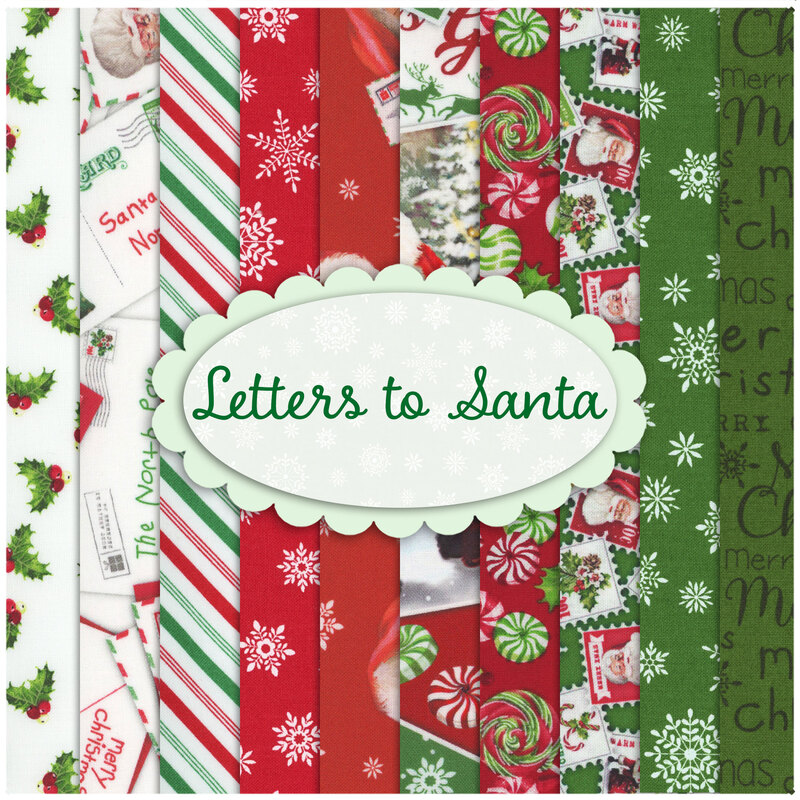 Red and green fabrics with the prints included in the Letters to Santa FQ set.