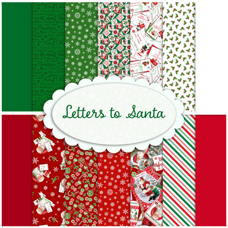 Red and green fabrics with fun Christmas prints included in the Letters to Santa FQ set.