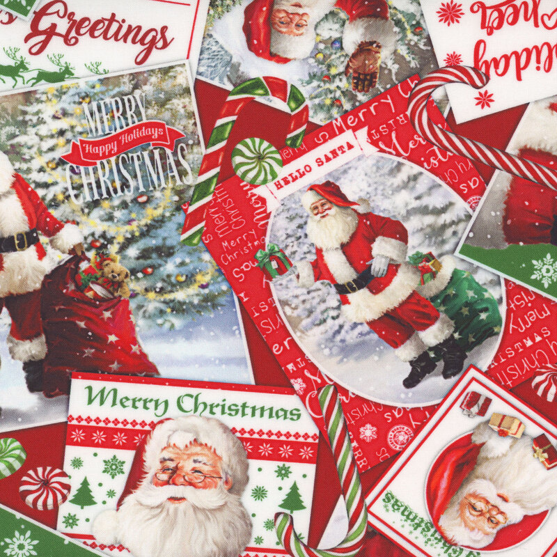 Santa Claus postcards and peppermint candies on a deep red fabric.