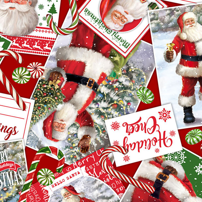 Santa Claus postcards and peppermint candies on a deep red fabric.