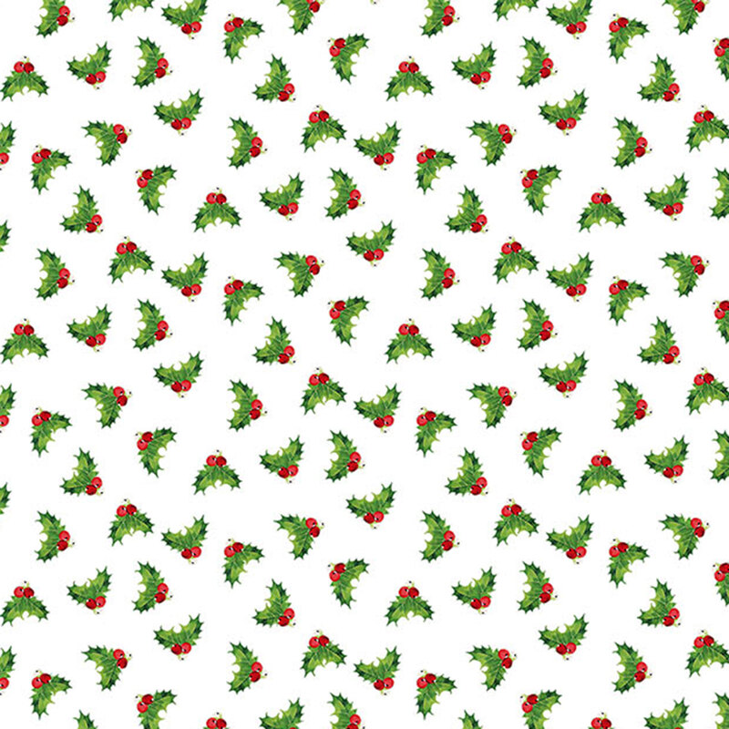 Ditsy holly leaves and berries print on white fabric.