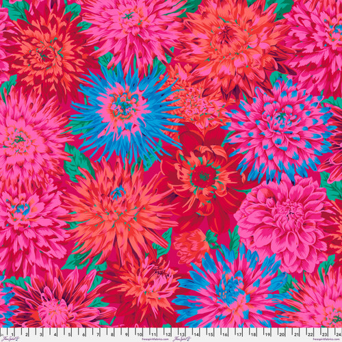 Fabric featuring vibrant pink, orange, blue, and red dahlias and vivid teal leaves over a bright fuchsia background