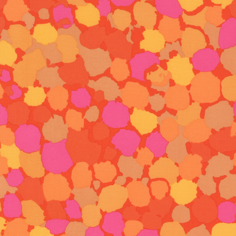 Fabric featuring vibrant pink, orange, and yellow abstract dots over an orange background
