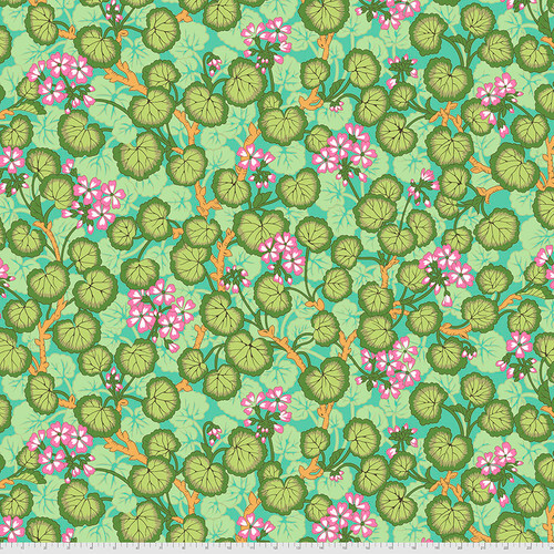 Fabric featuring vibrant pink geraniums climbing along golden yellow vines with bright green leaves over a teal and green background