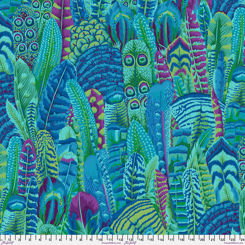 Fabric featuring vibrant teal, purple, green, and blue feathers