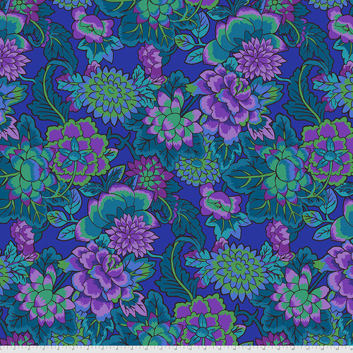 Fabric featuring vibrant blue, aqua, green, and purple flowers over an royal blue background