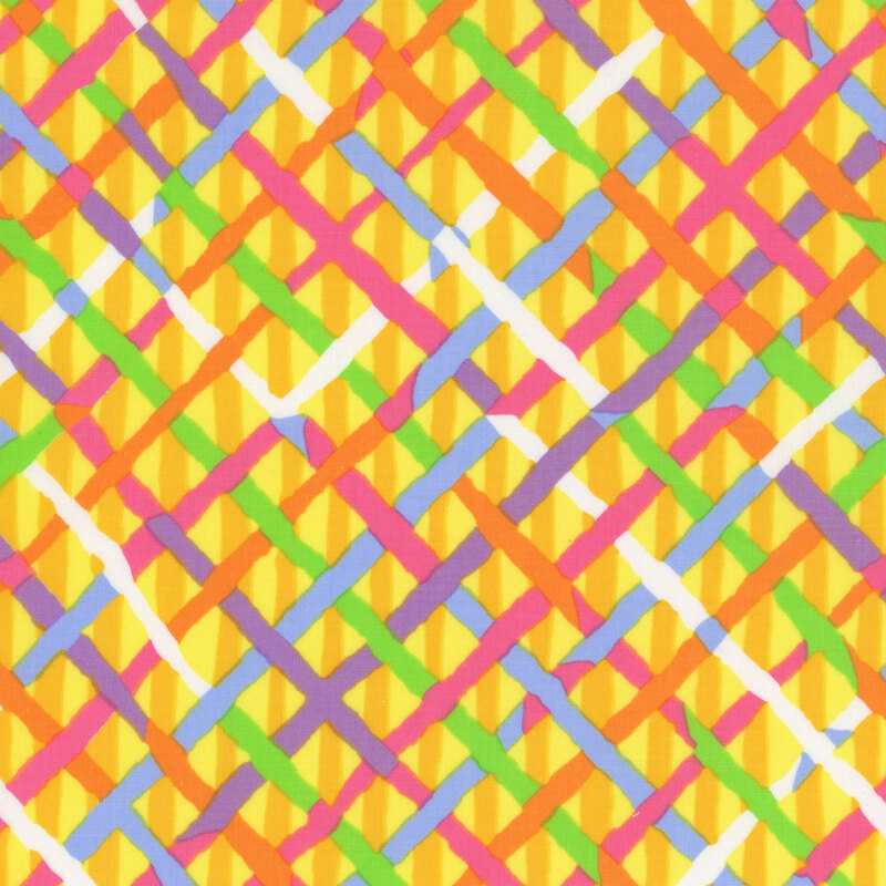 Fabric featuring hand drawn interwoven lattice lines in shades of pink, green, blue, purple, white, yellow, and orange